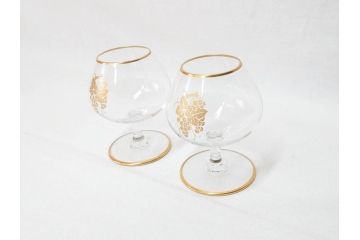 フランス　Baccarat　オールドバカラ　ブドウ模様　金彩　Armagnac　アルマニャック　ブランデー　ゴールドのデザインが高級感を高めるグラス2客セット(葡萄、ぶどう、ワイン、冷酒、梅酒、フルレッドクリスタルガラス)(R-070961)