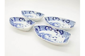 明治〜大正　伊万里　染付　瑞祥堂　約18cm　5.7寸　珍しい形と繊細なデザインが素敵な舟形皿4枚セット(変形皿、和皿、舟型、和食器、五寸七分)(R-070964)