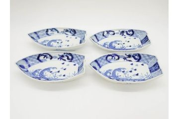 明治〜大正　伊万里　染付　瑞祥堂　約18cm　5.7寸　珍しい形と繊細なデザインが素敵な舟形皿4枚セット(変形皿、和皿、舟型、和食器、五寸七分)(R-070964)
