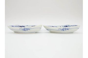 明治〜大正　伊万里　染付　瑞祥堂　約18cm　5.7寸　珍しい形と繊細なデザインが素敵な舟形皿4枚セット(変形皿、和皿、舟型、和食器、五寸七分)(R-070964)