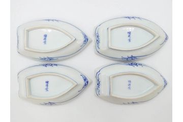 明治〜大正　伊万里　染付　瑞祥堂　約18cm　5.7寸　珍しい形と繊細なデザインが素敵な舟形皿4枚セット(変形皿、和皿、舟型、和食器、五寸七分)(R-070964)