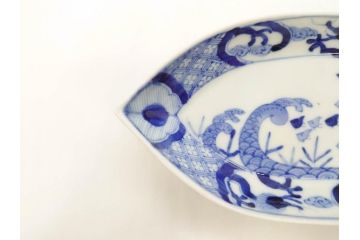 明治〜大正　伊万里　染付　瑞祥堂　約18cm　5.7寸　珍しい形と繊細なデザインが素敵な舟形皿4枚セット(変形皿、和皿、舟型、和食器、五寸七分)(R-070964)