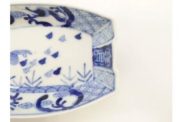 明治〜大正　伊万里　染付　瑞祥堂　約18cm　5.7寸　珍しい形と繊細なデザインが素敵な舟形皿4枚セット(変形皿、和皿、舟型、和食器、五寸七分)(R-070964)