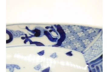 明治〜大正　伊万里　染付　瑞祥堂　約18cm　5.7寸　珍しい形と繊細なデザインが素敵な舟形皿4枚セット(変形皿、和皿、舟型、和食器、五寸七分)(R-070964)