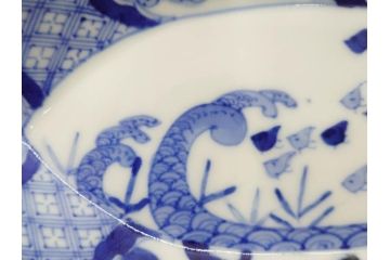 明治〜大正　伊万里　染付　瑞祥堂　約18cm　5.7寸　珍しい形と繊細なデザインが素敵な舟形皿4枚セット(変形皿、和皿、舟型、和食器、五寸七分)(R-070964)