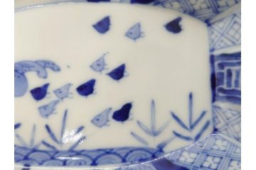 明治〜大正　伊万里　染付　瑞祥堂　約18cm　5.7寸　珍しい形と繊細なデザインが素敵な舟形皿4枚セット(変形皿、和皿、舟型、和食器、五寸七分)(R-070964)