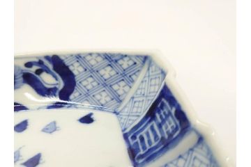 明治〜大正　伊万里　染付　瑞祥堂　約18cm　5.7寸　珍しい形と繊細なデザインが素敵な舟形皿4枚セット(変形皿、和皿、舟型、和食器、五寸七分)(R-070964)