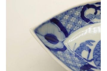 明治〜大正　伊万里　染付　瑞祥堂　約18cm　5.7寸　珍しい形と繊細なデザインが素敵な舟形皿4枚セット(変形皿、和皿、舟型、和食器、五寸七分)(R-070964)