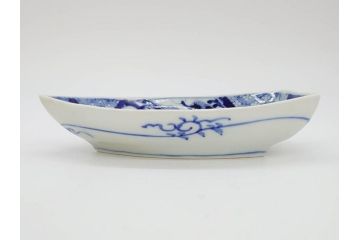 明治〜大正　伊万里　染付　瑞祥堂　約18cm　5.7寸　珍しい形と繊細なデザインが素敵な舟形皿4枚セット(変形皿、和皿、舟型、和食器、五寸七分)(R-070964)