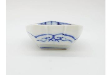 明治〜大正　伊万里　染付　瑞祥堂　約18cm　5.7寸　珍しい形と繊細なデザインが素敵な舟形皿4枚セット(変形皿、和皿、舟型、和食器、五寸七分)(R-070964)