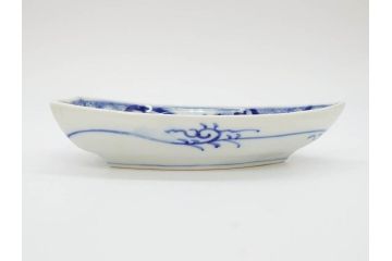 明治〜大正　伊万里　染付　瑞祥堂　約18cm　5.7寸　珍しい形と繊細なデザインが素敵な舟形皿4枚セット(変形皿、和皿、舟型、和食器、五寸七分)(R-070964)