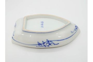 明治〜大正　伊万里　染付　瑞祥堂　約18cm　5.7寸　珍しい形と繊細なデザインが素敵な舟形皿4枚セット(変形皿、和皿、舟型、和食器、五寸七分)(R-070964)