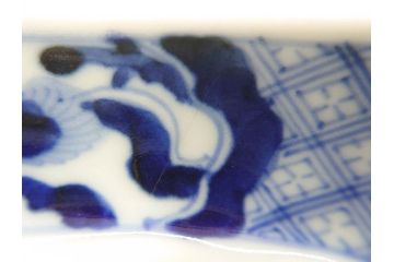 明治〜大正　伊万里　染付　瑞祥堂　約18cm　5.7寸　珍しい形と繊細なデザインが素敵な舟形皿4枚セット(変形皿、和皿、舟型、和食器、五寸七分)(R-070964)