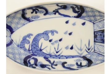 明治〜大正　伊万里　染付　瑞祥堂　約18cm　5.7寸　珍しい形と繊細なデザインが素敵な舟形皿3枚セット(変形皿、和皿、舟型、和食器、五寸七分)(R-070965)