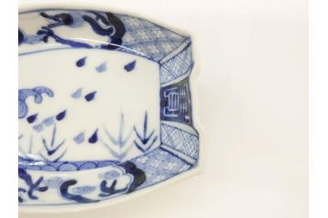 明治〜大正　伊万里　染付　瑞祥堂　約18cm　5.7寸　珍しい形と繊細なデザインが素敵な舟形皿3枚セット(変形皿、和皿、舟型、和食器、五寸七分)(R-070965)