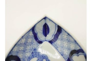 明治〜大正　伊万里　染付　瑞祥堂　約18cm　5.7寸　珍しい形と繊細なデザインが素敵な舟形皿3枚セット(変形皿、和皿、舟型、和食器、五寸七分)(R-070965)