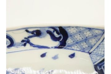 明治〜大正　伊万里　染付　瑞祥堂　約18cm　5.7寸　珍しい形と繊細なデザインが素敵な舟形皿3枚セット(変形皿、和皿、舟型、和食器、五寸七分)(R-070965)