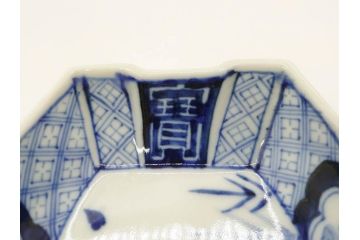 明治〜大正　伊万里　染付　瑞祥堂　約18cm　5.7寸　珍しい形と繊細なデザインが素敵な舟形皿3枚セット(変形皿、和皿、舟型、和食器、五寸七分)(R-070965)