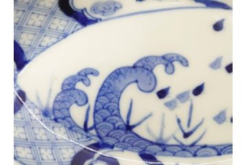 明治〜大正　伊万里　染付　瑞祥堂　約18cm　5.7寸　珍しい形と繊細なデザインが素敵な舟形皿3枚セット(変形皿、和皿、舟型、和食器、五寸七分)(R-070965)