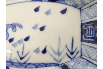 明治〜大正　伊万里　染付　瑞祥堂　約18cm　5.7寸　珍しい形と繊細なデザインが素敵な舟形皿3枚セット(変形皿、和皿、舟型、和食器、五寸七分)(R-070965)
