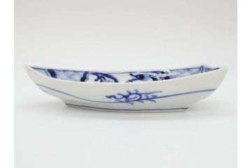 明治〜大正　伊万里　染付　瑞祥堂　約18cm　5.7寸　珍しい形と繊細なデザインが素敵な舟形皿3枚セット(変形皿、和皿、舟型、和食器、五寸七分)(R-070965)