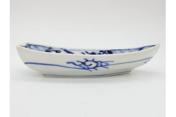 明治〜大正　伊万里　染付　瑞祥堂　約18cm　5.7寸　珍しい形と繊細なデザインが素敵な舟形皿3枚セット(変形皿、和皿、舟型、和食器、五寸七分)(R-070965)