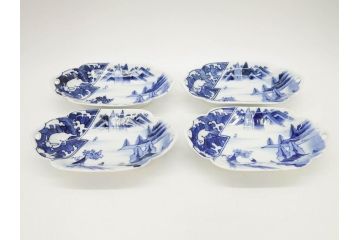 明治〜大正　伊万里　染付　長山文製　跳ね兔図　約19cm　6.2寸　なめらかなフォルムと落ち着いた色味が魅力的な舟形皿4枚セット(舟型、うさぎ、ウサギ、兎、変形皿、和皿、和食器、六寸二分)(R-070966)