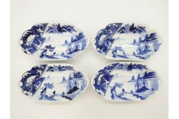 明治〜大正　伊万里　染付　長山文製　跳ね兔図　約19cm　6.2寸　なめらかなフォルムと落ち着いた色味が魅力的な舟形皿4枚セット(舟型、うさぎ、ウサギ、兎、変形皿、和皿、和食器、六寸二分)(R-070966)
