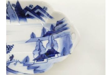 明治〜大正　伊万里　染付　長山文製　跳ね兔図　約19cm　6.2寸　なめらかなフォルムと落ち着いた色味が魅力的な舟形皿4枚セット(舟型、うさぎ、ウサギ、兎、変形皿、和皿、和食器、六寸二分)(R-070966)