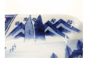 明治〜大正　伊万里　染付　長山文製　跳ね兔図　約19cm　6.2寸　なめらかなフォルムと落ち着いた色味が魅力的な舟形皿4枚セット(舟型、うさぎ、ウサギ、兎、変形皿、和皿、和食器、六寸二分)(R-070966)
