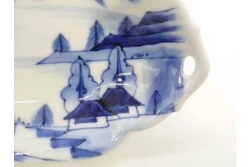 明治〜大正　伊万里　染付　長山文製　跳ね兔図　約19cm　6.2寸　なめらかなフォルムと落ち着いた色味が魅力的な舟形皿4枚セット(舟型、うさぎ、ウサギ、兎、変形皿、和皿、和食器、六寸二分)(R-070966)