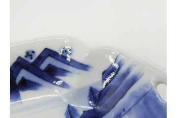 明治〜大正　伊万里　染付　長山文製　跳ね兔図　約19cm　6.2寸　なめらかなフォルムと落ち着いた色味が魅力的な舟形皿4枚セット(舟型、うさぎ、ウサギ、兎、変形皿、和皿、和食器、六寸二分)(R-070966)