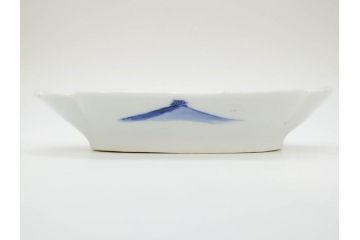 明治〜大正　伊万里　染付　長山文製　跳ね兔図　約19cm　6.2寸　なめらかなフォルムと落ち着いた色味が魅力的な舟形皿4枚セット(舟型、うさぎ、ウサギ、兎、変形皿、和皿、和食器、六寸二分)(R-070966)