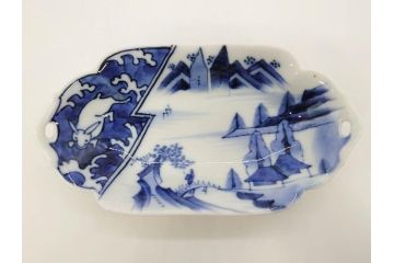 明治〜大正　伊万里　染付　長山文製　跳ね兔図　約19cm　6.2寸　なめらかなフォルムと落ち着いた色味が魅力的な舟形皿4枚セット(舟型、うさぎ、ウサギ、兎、変形皿、和皿、和食器、六寸二分)(R-070966)