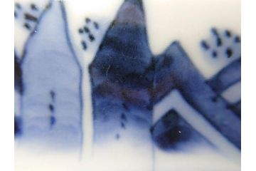 明治〜大正　伊万里　染付　長山文製　跳ね兔図　約19cm　6.2寸　なめらかなフォルムと落ち着いた色味が魅力的な舟形皿4枚セット(舟型、うさぎ、ウサギ、兎、変形皿、和皿、和食器、六寸二分)(R-070966)