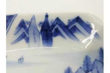 明治〜大正　伊万里　染付　長山文製　跳ね兔図　約19cm　6.2寸　なめらかなフォルムと落ち着いた色味が魅力的な舟形皿5枚セット(舟型、うさぎ、ウサギ、兎、変形皿、和皿、和食器、六寸二分)(R-070967)