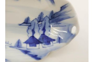 明治〜大正　伊万里　染付　長山文製　跳ね兔図　約19cm　6.2寸　なめらかなフォルムと落ち着いた色味が魅力的な舟形皿5枚セット(舟型、うさぎ、ウサギ、兎、変形皿、和皿、和食器、六寸二分)(R-070967)