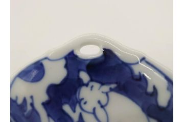 明治〜大正　伊万里　染付　長山文製　跳ね兔図　約19cm　6.2寸　なめらかなフォルムと落ち着いた色味が魅力的な舟形皿5枚セット(舟型、うさぎ、ウサギ、兎、変形皿、和皿、和食器、六寸二分)(R-070967)