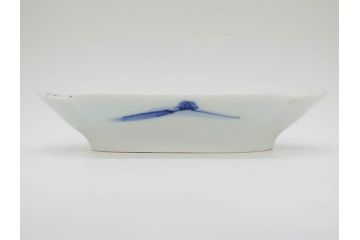 明治〜大正　伊万里　染付　長山文製　跳ね兔図　約19cm　6.2寸　なめらかなフォルムと落ち着いた色味が魅力的な舟形皿5枚セット(舟型、うさぎ、ウサギ、兎、変形皿、和皿、和食器、六寸二分)(R-070967)
