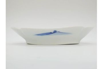明治〜大正　伊万里　染付　長山文製　跳ね兔図　約19cm　6.2寸　なめらかなフォルムと落ち着いた色味が魅力的な舟形皿5枚セット(舟型、うさぎ、ウサギ、兎、変形皿、和皿、和食器、六寸二分)(R-070967)
