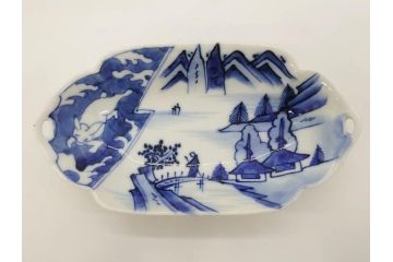 明治〜大正　伊万里　染付　長山文製　跳ね兔図　約19cm　6.2寸　なめらかなフォルムと落ち着いた色味が魅力的な舟形皿5枚セット(舟型、うさぎ、ウサギ、兎、変形皿、和皿、和食器、六寸二分)(R-070967)