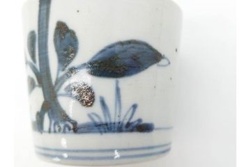 江戸中期〜後期　古伊万里　染付　落ち着いた色合いが和の雰囲気を高めるそば猪口3客セット(木と葉?、羊歯?、シダ?、湯呑、湯のみ、蕎麦猪口、和食器)(R-070971)