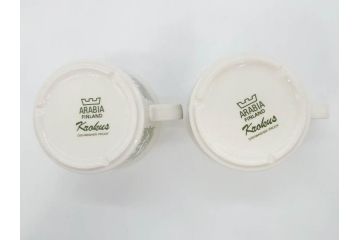 1978年〜1979年　ARABIA FINLAND　Krokus(クロッカス)　大胆に描かれた花たちが存在感を放つカップ&ソーサー2客セット(ヴィンテージ、ビンテージ、アラビア、フィンランド、北欧食器、C&S、グリーン・ブルーライン)(R-070642)