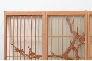 アンティーク建具　片面ガラス　梅・竹の彫刻入り書院戸4枚セット(窓、引き戸、ガラス戸)(R-070988)