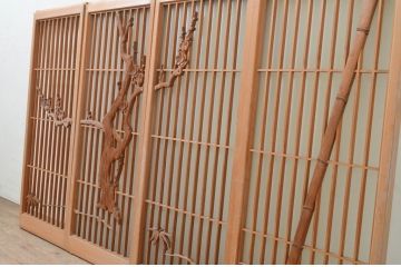 アンティーク建具　片面ガラス　梅・竹の彫刻入り書院戸4枚セット(窓、引き戸、ガラス戸)(R-070988)
