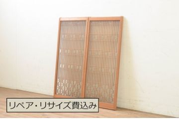アンティーク建具　両面ガラス　落ち着いた和の雰囲気を演出する組子入り書院戸2枚セット(引き戸、ガラス戸、窓)(R-070989)