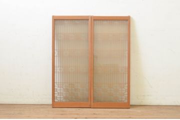 アンティーク建具　両面ガラス　落ち着いた和の雰囲気を演出する組子入り書院戸2枚セット(引き戸、ガラス戸、窓)(R-070989)