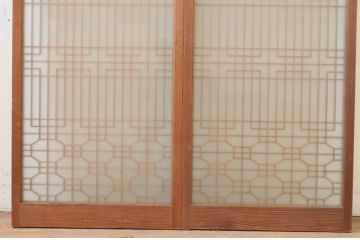 アンティーク建具　両面ガラス　落ち着いた和の雰囲気を演出する組子入り書院戸2枚セット(引き戸、ガラス戸、窓)(R-070989)
