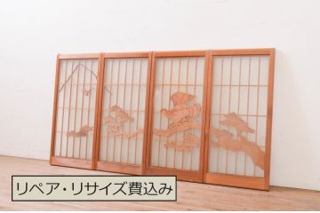 アンティーク建具　両面ガラス　鷹・松の彫刻入り書院戸4枚セット(窓、引き戸、ガラス戸)(R-070997)