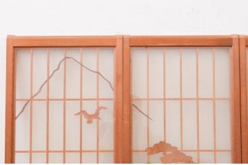 アンティーク建具　両面ガラス　鷹・松の彫刻入り書院戸4枚セット(窓、引き戸、ガラス戸)(R-070997)